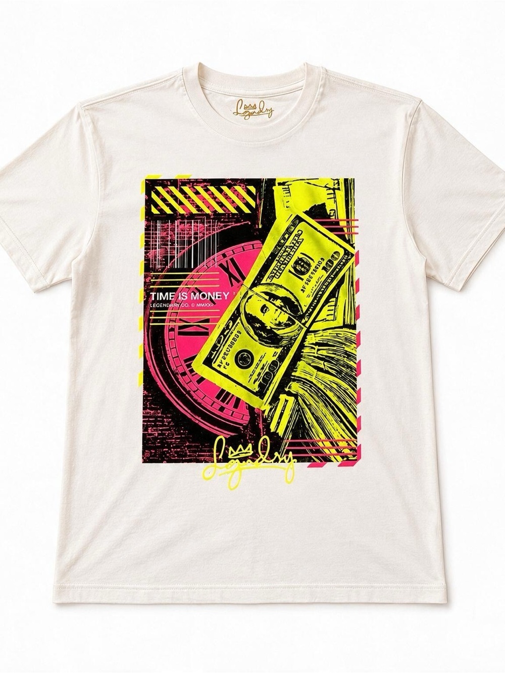 White Graphic Crewneck T‑Shirt with Neon Money Print